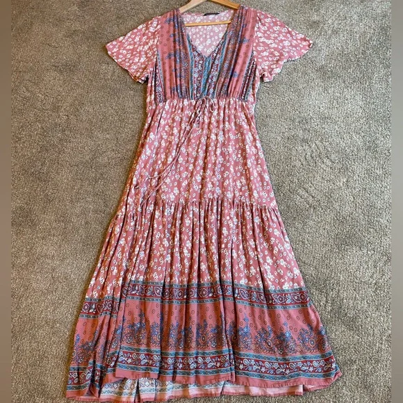 BloomChic Floral Maxi Dress - Terracotta and Blue Size 14/16 Boho - Picture 2 of 12